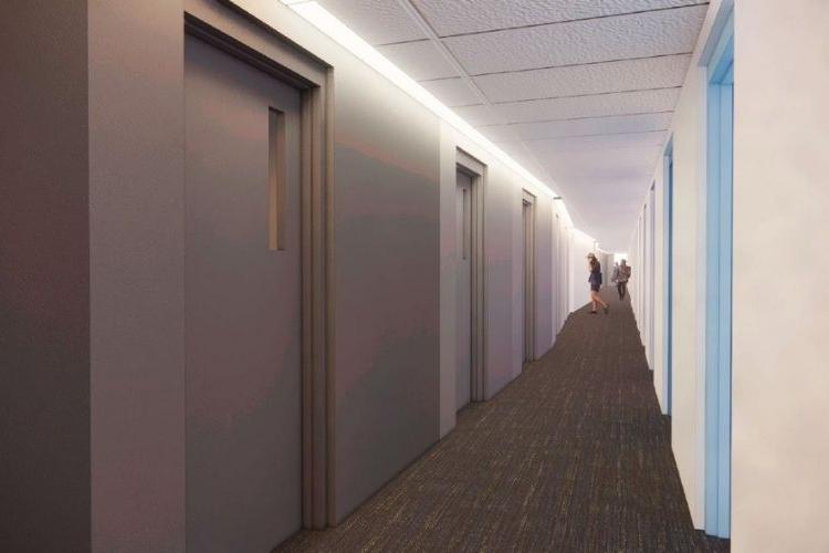 Rendering of hallway space to practice rooms in James C. Olson Performing Arts Center