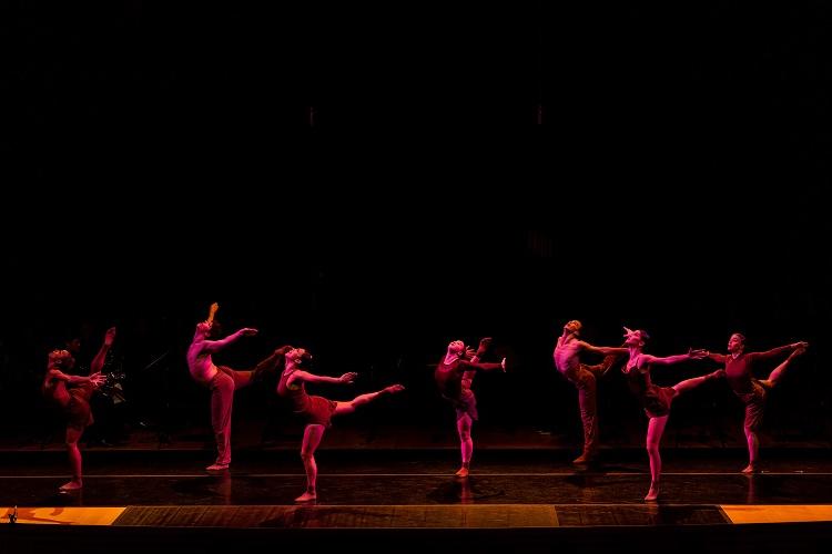 七名舞者连续表演，每人身后抬着一条腿. 他们在舞台上用戏剧性的灯光表演.