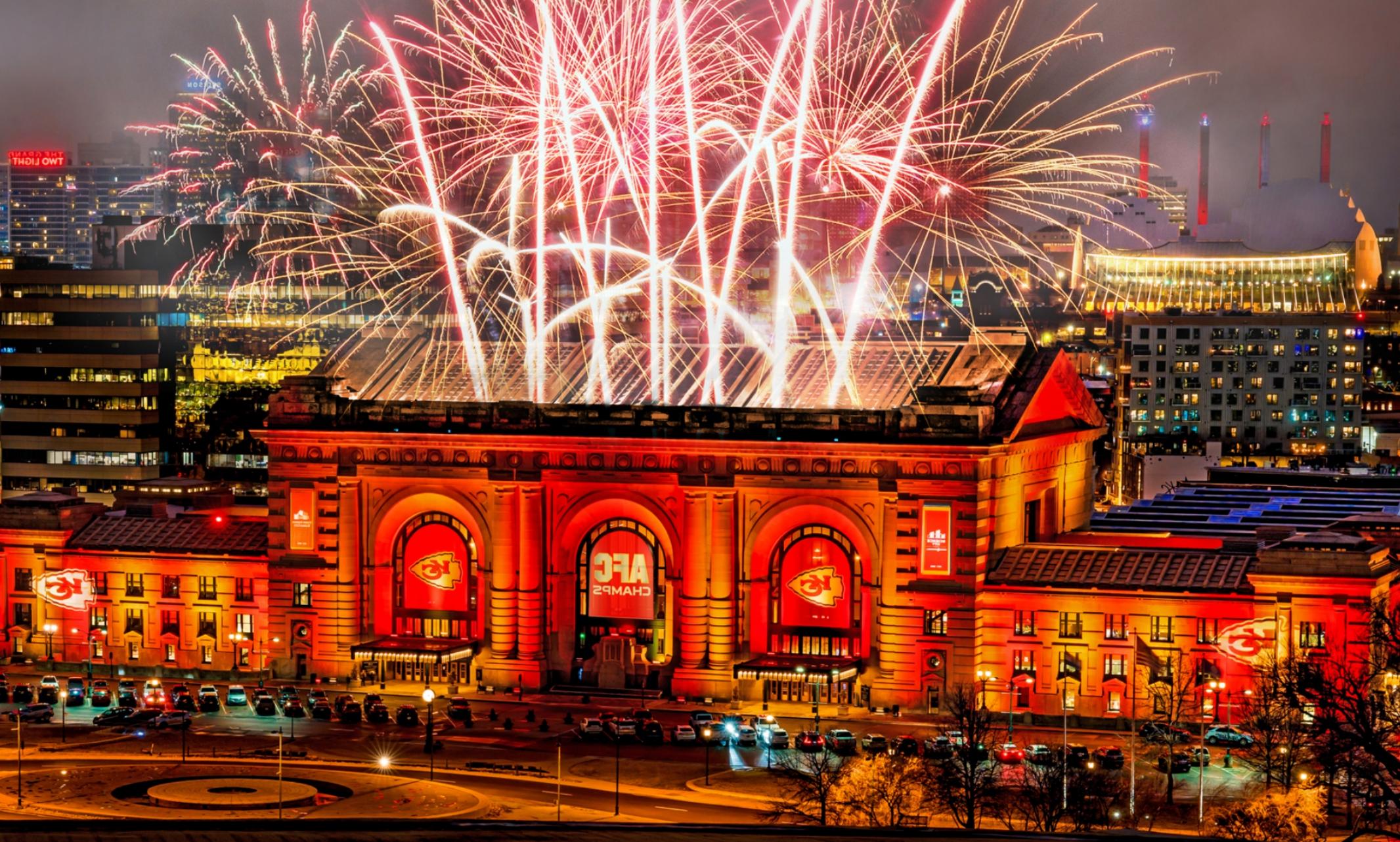 Union Station is illuminated with Kansas City Chiefs red and gold